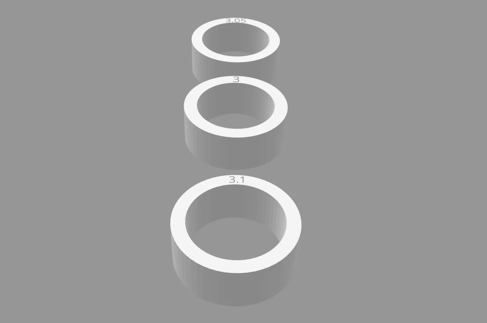 OnShape CAD model of three Glow Tap diameter variations — 3 inch, 3.05 inch, and 3.1 inch
